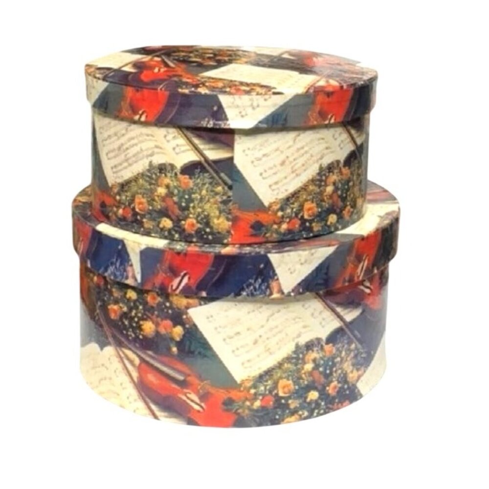 Set Of 2 Round Decorative Storage Boxes With Musical Notes & Violin Design